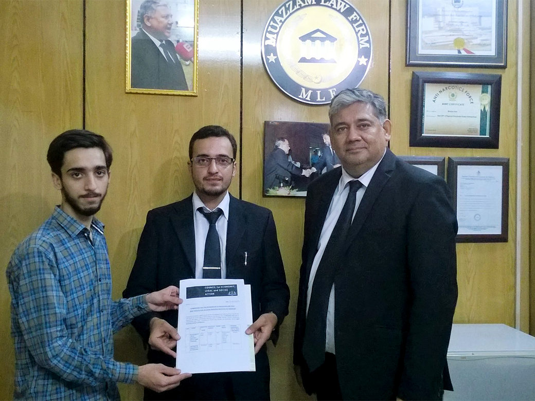 Mr. Bassam Ahmed Siddiqui (Leading Member CELSA) presenting Road-map of the events, sessions, workshops, visits and press conferences for the year 2018 to Mr. Majid Masoom Khattak (Focal Person Muazzam Law Firm).